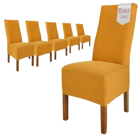 Scheffler Home Stuhlhussen 6er Set Senfgelb Jersey Baumwolle Emma | Waschbare Stuhlbezüge, Stretch Chair Cover für Hochlehner, Polsterstühle und Esszimmerstühle, Öko-Tex zertifiziert