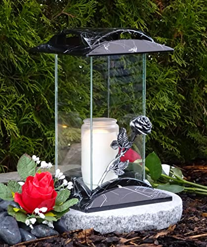 Grablampe Grablaterne Rose 28,0cm Grabschmuck Grablicht Grableuchte Lampe Laterne Licht Kerze Grabkerze Trauer Garten Friedhof Grabdekoration