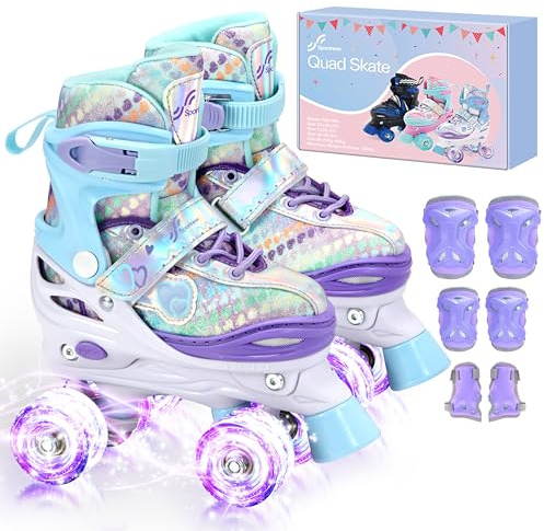 Sportneer Adjustable Kids Roller Skates with Light Up Wheels, 4 Sizes Fit for Girls Boys Ages 5–12, Fun Outdoor Indoor Quad Skates for Beginners, Safe Gift Set with Protective Gear Included