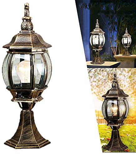 Gold Glass Panel Outdoor Vintage Lantern E27 Post Pedestal Light IP44 Exterior Rating Column Light Waterproof Pillar Lamps Vintage Rustic Post Pole Pillar for Gardens Courtyard Patio Terrace Gate