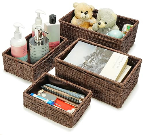 BELLE VOUS (4er Pack Braunes Rattan Aufbewahrungskorb Set - Korb Badezimmer, Wohnzimmer, Schrank oder Regale - Dekorativer Korb Geflochten aus Natürlichem Rattan - 4 Größen