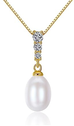 Bellitia Jewelry Halskette mit Anhänger Perle 925 Silber Vergoldet Kette Damen Perlenkette mit Echt Süßwasser Perle & CZ Diamant Anhänger