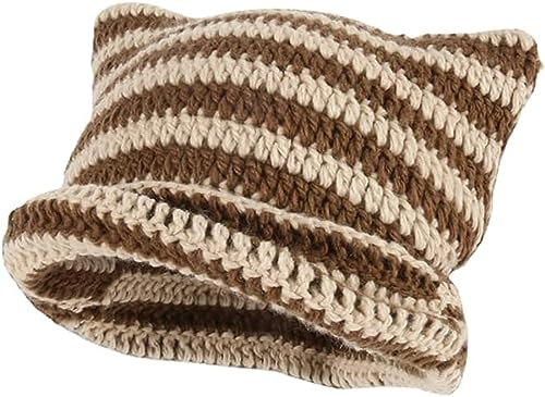Yixda Warm Strickmütze Damen Mädchen Katzen Ohr Mütze Wintermütze Beanie Hut (Braun)