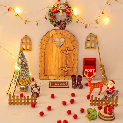 Dalugo Wichteltür Zubehör Weihnachten Set 27 Pcs Weihnachtswichtel Tür mit Lichterkette Weihnachtsdeko Elfentür, Feentür Dänische Weihnachtsdeko für Kinder Geschenke