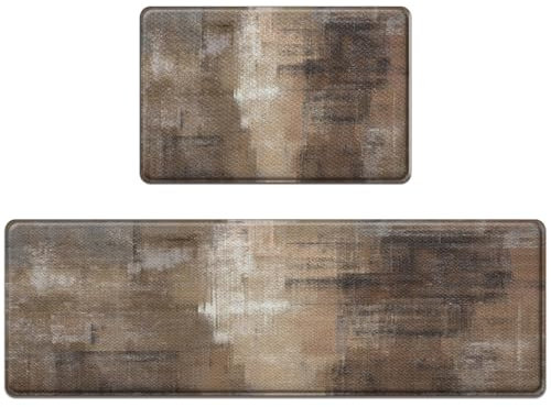 Nesphy Küchenteppich gegen Ermüdung, Braun, Grau, 2er-Set, gepolstert, abstrakt, für Küchenboden, Kunst-Stehmatte, wasserdicht, rutschfest, Küchenmatten und Teppiche, PVC, ergonomischer Komfortschaum,