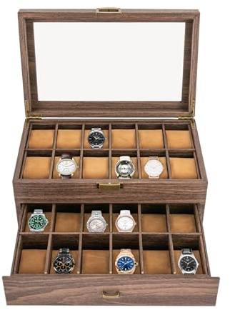 Dekltus Uhrenbox, Uhrenkasten mit Glasdeckel,2 Ebenen Uhrenkoffer 24 Fächer Uhrenkasten aus Massivholz, Uhrenaufbewahrung für Uhren, Schmuck und andere Wertsachen aufzubewahren