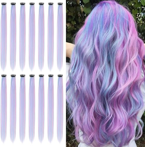 14 extensiones de clip de pelo de color, mechas de pelo teñidas postizos rectos y largos sintéticos resistentes al calor, accesorios para el pelo de la niña (22 pulgadas) (14 unidades de color púrpura