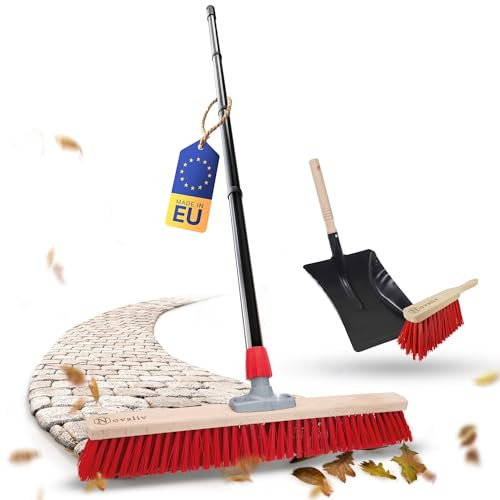 Novaliv Straßenbesen mit Stiel 80 cm Elaston Borsten inkl. Kehrgarnitur verzinkt mit Gummilippe bestehend aus Kehrblech & Handfeger Idealer Gartenbesen Terassenbesen Hofbesen Stallbesen Outdoor Broom