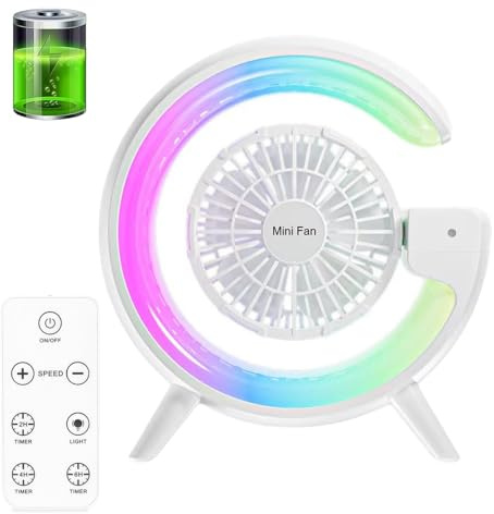 Bammare USB Ventilator mit Fernbedienung, 2000mAh Tischventilator mit RGB-Stimmungslicht, 4 Geschwindigkeiten 3 Timer, Leise Klein Desk Fan für Schreibtisch Zuhause Büro