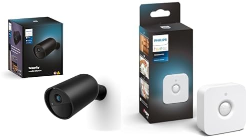 Philips Hue Secure kabellose Smart Home Überwachungskamera, schwarz + Philips Hue Bewegungsmelder Indoor, Tageslichtsensor für smarte Beleuchtung, automatische Lichtsteuerung, weiß