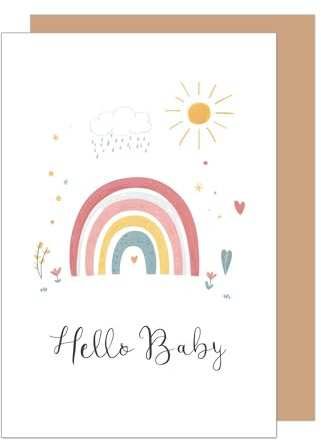 Edition Seidel Tarjeta de felicitación de nacimiento premium con sobre, tarjeta de felicitación para bebé, tarjeta de felicitación para bebé, Hello, bebé, niño, niña, niño, arco iris (E286 SW024)