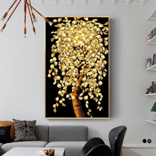 HYFBH Großes gerahmtes Wandkunst-Leinwandgemälde, abstrakte goldene Blätter, Poster, Drucke, goldener Geldbaum, Bilder für Wohnzimmerdekor, 80 x 145 cm