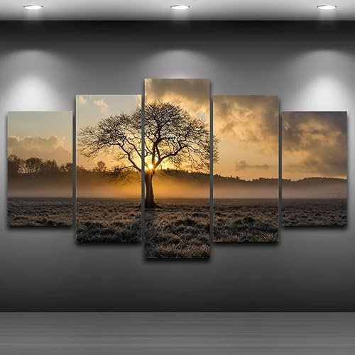 AZBESCZ Wandbilder Mit Rahmen 5 Teiliges Leinwandbild Sonnenaufgang Baum Landschaft 5 Platten Poster Wandbild Kunstdrucke Büro Küche Schlafzimmer wandbilder Wohnzimmer