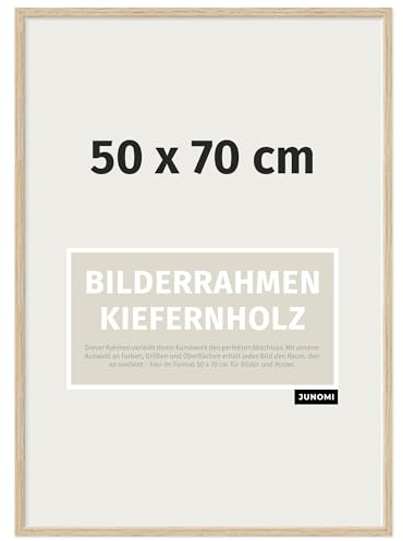 JUNOMI® Bilderrahmen 50x70 cm Holz | Farbe Eiche | Posterrahmen | Kiefernholz mit bruchsicherem Acrylglas, Profilbreite 1,3 cm, Hoch- und Querformat, aufhängefertig zum Wechseln