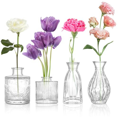 ODDMUCK Glass Bud Vase Clear Bud Vases Set of 4 for Centerpieces, Vintage Glass Flower Vases in Bulk Suitable for Weddings, Parties or Home Decoration