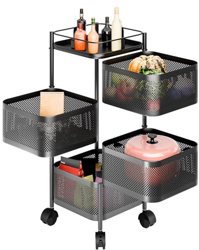 locwanot Cesto di frutta a 5 ripiani, rotondo, rotante, grande, con ruote, multiuso, organizer per casa, cucina, soggiorno, nero, 4 strati