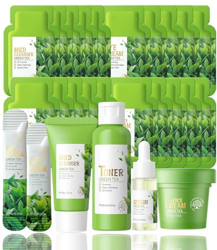 26PCS Green Tea Skin Care Sets & Kits, Skin Care For Teenage Girls, Skin Care Set For Pamper Gift Sets For Women, Facial Kit, Skincare Set, Cleanser,Toner,Serum,Cream,Mud Mask,Eye Cream,Sleep Mask