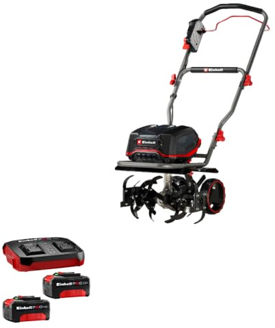 Einhell Motobineuse sans Fil GP-CR 36/45 Li E BL-Solo Power X-Change (36 V, Moteur sans Charbon, Largeur 45 cm, Profondeur 23 cm, Roues réglables en Hauteur) + Twincharger et 4 Batteries 4,0Ah