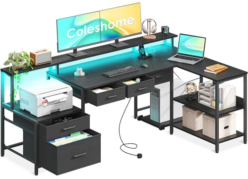 Coleshome 175x100 cm Corner Desk with Drawers, Reversible L Shaped Desk with LED lights & Power Outlet, Home Office Desks with Monitor Shelf, Large Computer Table with Storage Shelf, Black