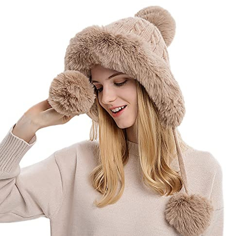 Kalte Mütze plus Pullover mit drei dicken, warmen Samt-Strick, Outdoor-Farbe und Damenhüte mit Daunenkappe, khaki, Einheitsgröße