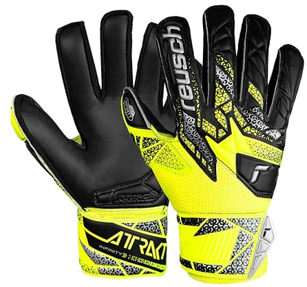 Reusch Attract Infinity Finger Support Junior Goalie Gloves, Soccer Goalkeeper Gloves with Finger Protection, Breathable Durable, for Artificial Grass & Hard Surfaces, Kids Youth Size 8 Black & Yellow