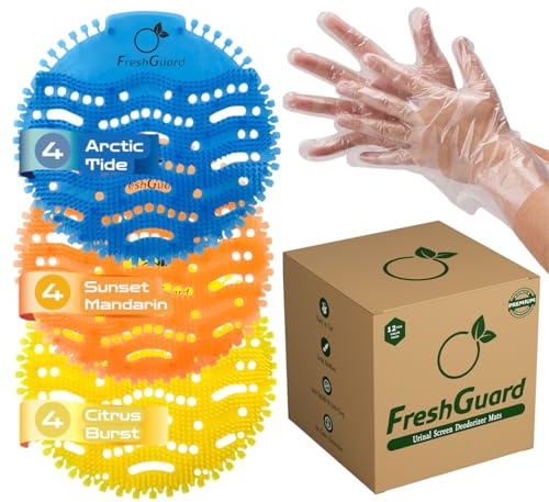FreshGuard 12-Pack Urinal Screen Deodorizers - 30-Day Long Lasting Scent (Citrus, Mandarin, Arctic Tide) - Anti-Splash & Anti-Clogging Commercial Grade Mats