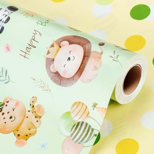 Wikadlik Geburtstags-Geschenkpapierrolle, 43 cm x 10 m, niedliches Tiermotiv, grüne Punkte, Geschenkpapier