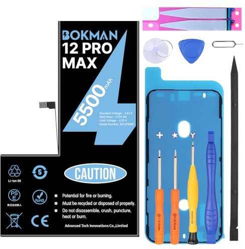bokman Akku für iPhone 12 Pro Max, 5500 mAh Hochleistungs-Lithium-Polymer-Akku Ersatz mit Allen Werkzeug-Sets und Klebestreifen
