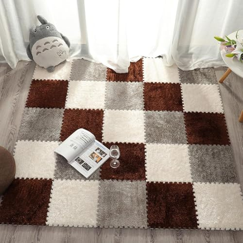 KjoiDWz Alfombras entrelazadas, Cuadrados Suaves, alfombras de retales de Felpa de Espuma, Antideslizantes, Lavables, esteras de Escalada(White+Gray+Dark Coffee,15pcs)