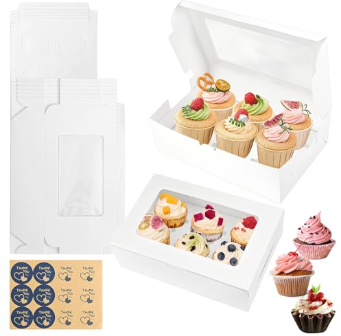 MSLHUB 6er Cupcake Muffin Box mit Fenster, 6 Löcher Weiße Cupcake Boxen mit Transparentem Sichtfenster und Aufklebern, Kuchenbox Pappe für Cupcake-Träger