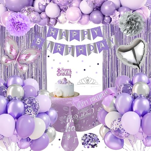 Purple Birthday Decorations, Purple Silver Party Decorations Set Happy Birthday Banner, Latex Balloons, Fringe Curtain, Tablecloth, Sash, Tiara Crown, Pom Poms for Women Girls Princess Party Supplies