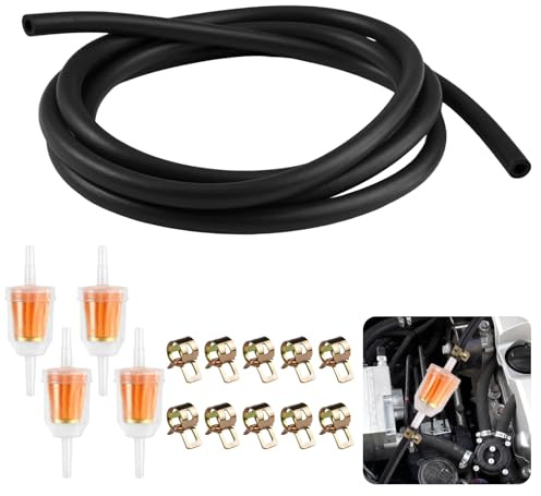 Benzinschlauch Set, 5mm Ölschlauch Dieselschlauch Kraftstoffleitung mit 4 Stück Benzinfilter und 10 Benzinschlauch Schellen, Kraftstoffschlauch für Rasenmäher, Auto, Motorrad, Roller