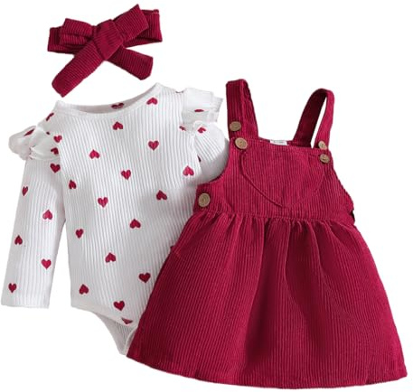 LUVCES Ensemble 3 Pièces Bébé Fille Jupe en Velours Côtelé + Haut à Manches Longues Côtelé en Forme de Cœur + Bandeau Vêtement Tenue Saint Valentin Set 3Pcs Coeur d'amour rouge 6-12 Mois