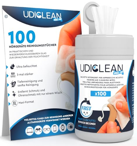 100 Reinigungstücher für Hörgeräte Reinigungsmittel und Luftbefeuchter Udiclean - Wiederverschließbarer Tiegel Speichert Feuchtigkeit Maxi Widerstandsfähige Tücher Tiefenreinigung Schnell Trocknend