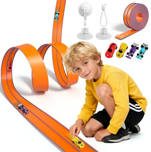 Flexible Autorennbahn Kinder ab 3 4 5 6 7+ Jahre, 4.5M Flexible Rennbahn, Rennstrecke Auto Spielzeug Geschenk, Autobahn Kinder 3 4 5 6 7+ Jahre Jungen, Aufrollbare Tragbare Dual Rennstrecke Rampen