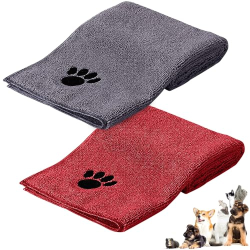 Vyranut Hundehandtuch, 2 Stück Microfaser Handtücher für Hunde Katzen, 75 x 35 cm Hundehandtuch Extra Saugfähig für Katzen Kuschelweich, Schnell Trocknend, Maschinenwaschbar(Grau/Rot)