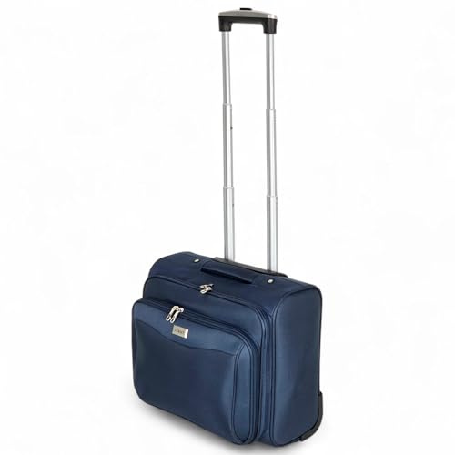Valigia Pilotina Piccola Pilota Business in Poliestere 42x22x36, 30 Litri 2 ruote, Bagaglio a Mano con tasca Pc Valigetta da Cabina Compatibile Ryanair EasyJet Mod.214-0 (Blu)