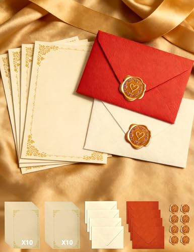 Carta da Lettere con Busta, Set 36 Pezzi carta cancelleria Vintage con 20 Pergamena Scrivere, 8 Buste Lettera & Sigillo Ceralacca Oro rosa, per Love Letter Partecipazioni Matrimonio Inviti Compleanno