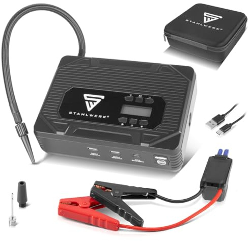 STAHLWERK Powerbank 400 A, 14 000 mAh – Aide au démarrage avec compresseur et lumière LED, utilisation multifonctionnelle pour moteurs à essence et diesel, compresseur d'air comprimé mobile avec 3,5