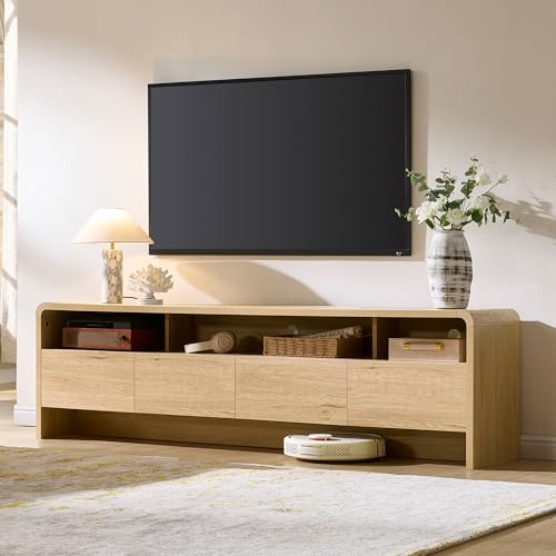 AMERLIFE 70 Modern TV Stand for TVs Up to 80, Wood TV Console with Curved Profile Design & 2 Storage Cabinets, Media Console Entertainment Center for Living Room, Natural Oak