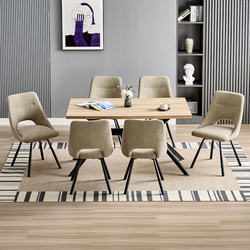 WAFTING Chaises de Salle à Manger Pivotantes 360°, Lot de 6, Khaki | Tissu Simili Cachemire, Chaises Rembourrées, Assise Large de 48 cm, Dossier Ajouré, pour Salle à Manger, Cuisine et Salon