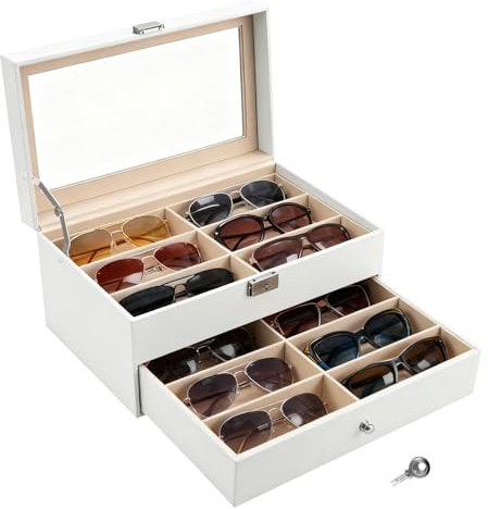 GREENSAPPIRE Brillenbox Eleganter Brillenkoffer aus Kunstleder mit Sichtfenster, Aufbewahrungsbox für Sonnenbrillen & Brillen,Schmuck&Accessoires (Weiß, 2 Stock, Einheitsgröße)