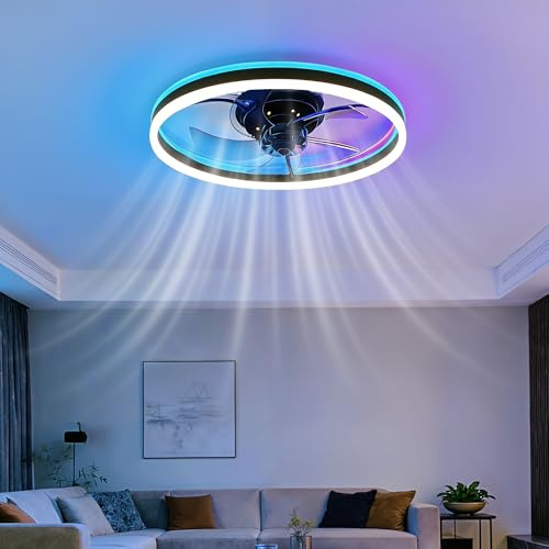 Ollny 50CM RGB Ceiling Fan with Lights, Remote/Smart APP Control/6 Speeds/Dimmable/Timer/Easy Install/Quiet Ceiling Fan Ambient Light, Modern LED Ceiling Light for Bedroom/Living Room/Game Room(Black)