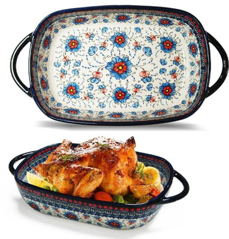 MeYuxg Pirofila Teglia Da Forno in Ceramica Rettangolare, 23,5x13,5cm, Doppio Manico Vintage Colorato, Per Lasagne Tiramisu Gratin Casseruola, Ideale per Cucina e Tavolo da Pranzo (Fiori Blu)