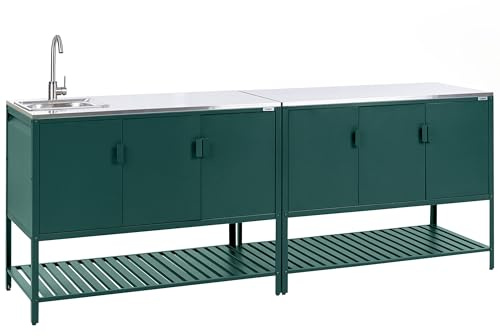 Beliani Outdoor-Küchenschrank 2-teilig Stahl grün mit Spüle Edelstahlplatte Silber Maenza