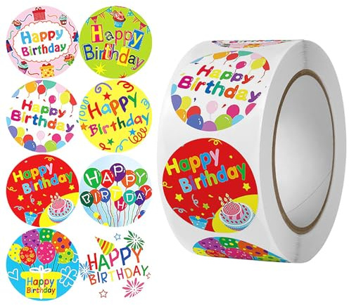 Happy Birthday Stickers for Party Bags Birthday Card, 500Pcs Multicolor | Each Sticker with Cartoon-Style Birthday, Convenient Peel-And-Stick Use for Cupcake Wrappers Envelopes Small Gift Tags