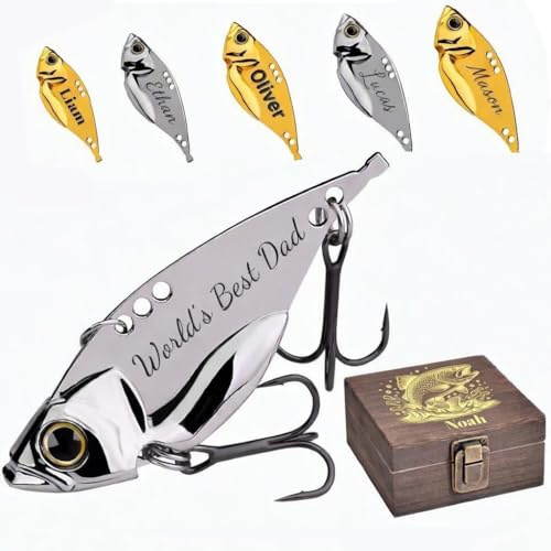Vatertagsgeschenk für Papa – Personalisierte Angel Spinner mit Gravur im Holzbox Set, Geschenk für Angler, Spinnköder Angelköder Metall, Kunstköder Fische Angeln Set, Papa Geschenk zum Vatertag