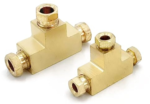 Paquete de 2 racores en T sujeción interna latón para línea aceite lubricación, conector 3 vías para tubo nylon o aluminio 4mm/6mm(3T-10-10)