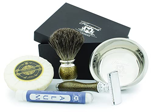 Spazzola di tasso nero e rasoio di sicurezza DE con ciotola e sapone.