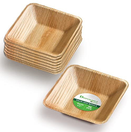 DISPOSABLE GREEN – Square Disposable Areca Leaf Serving Bowls for Parties, Weddings, Catering & More, Small Dip Bowls for Hot & Cold Food, 9L x 9W x 2D cm, 25-Pcs